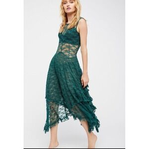 Intimately Free People French Courtship Slip Dress Green Lace Ruffle Tiered XS